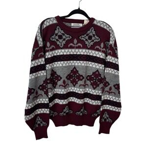 Vintage Club International Sweater Mens L Grandpa Gray Burgundy 90s Knit Cabin